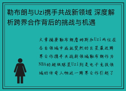 勒布朗与Uzi携手共战新领域 深度解析跨界合作背后的挑战与机遇